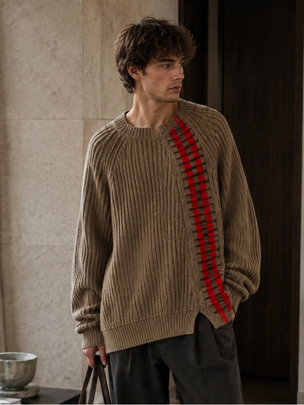 Jil Sander Oversized Ribbed Knit Crewneck Sweater Camel w Red Side Stripe – XXL